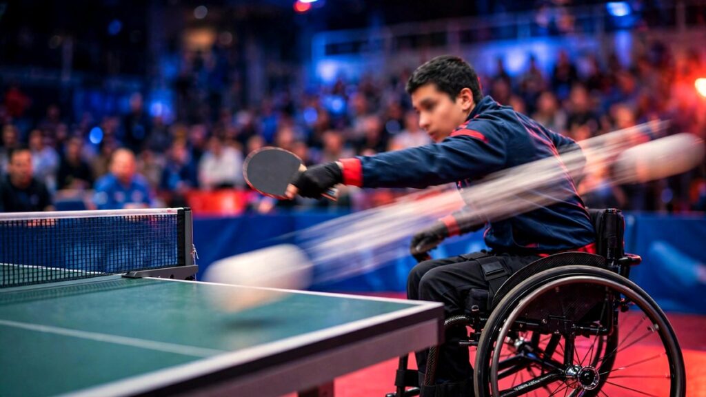 Para table tennis match decisive moment, thematic artwork for the Asian Para Games Day 2 report