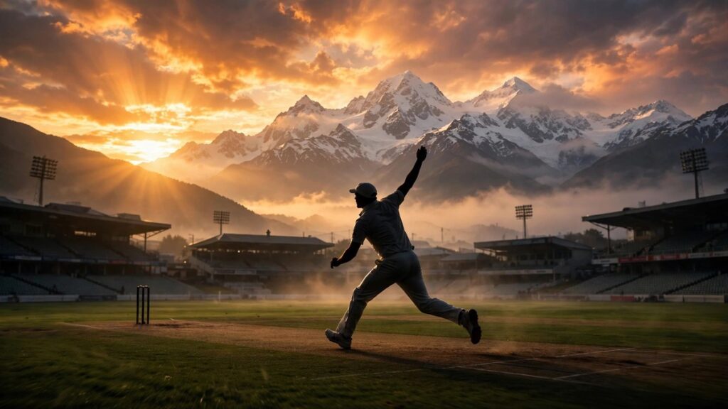 Silhouette of a fast bowler in whites in delivery stride with New Zealand mountains behind the stadium