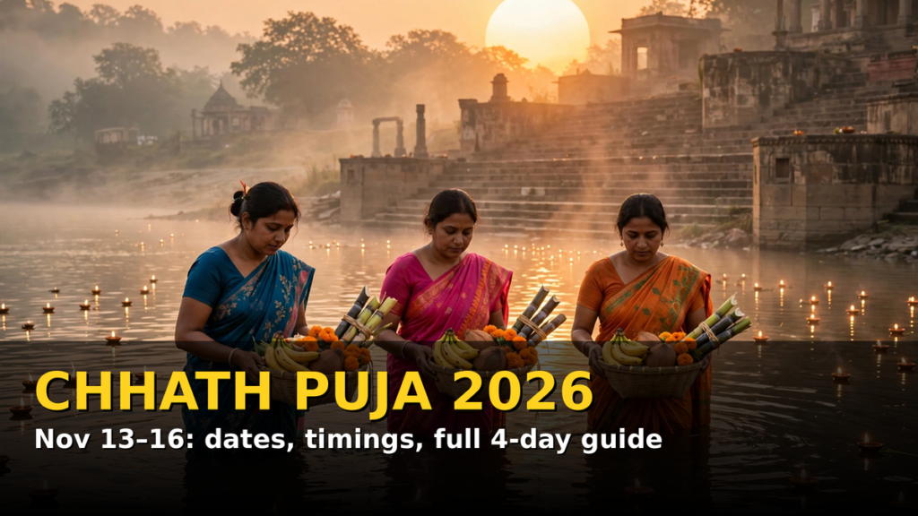 Chhath Puja 2026: devotees offering arghya with bamboo baskets at a riverside ghat at sunrise — dates, timings and rituals guide