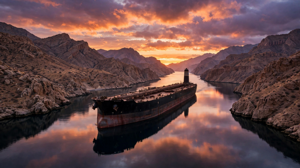 Crude oil price surge: oil tanker sailing through the Strait of Hormuz at sunset