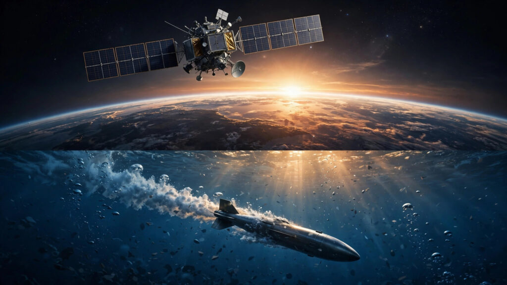 Illustration of the GSAT-7C satellite concept above Earth and a torpedo underwater