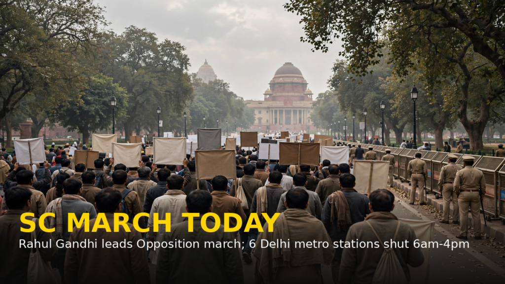 AI illustration of an Opposition protest march on a Delhi avenue with banners, barricades and security personnel