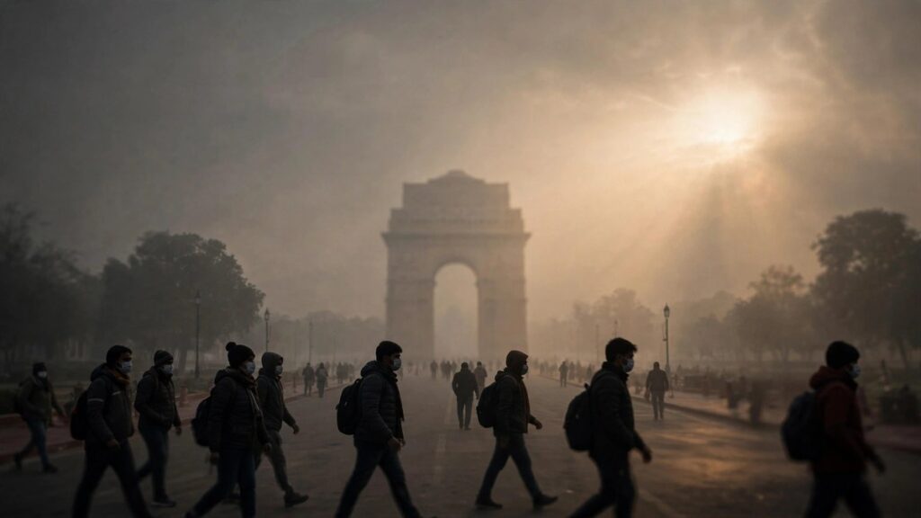 India Gate barely visible through thick winter smog with masked commuters in foreground