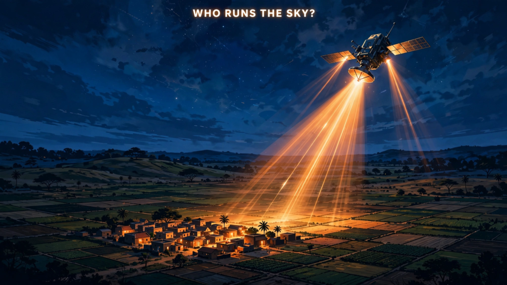 AI artwork of a satellite beaming internet signals over an Indian village at night, with the words WHO RUNS THE SKY?