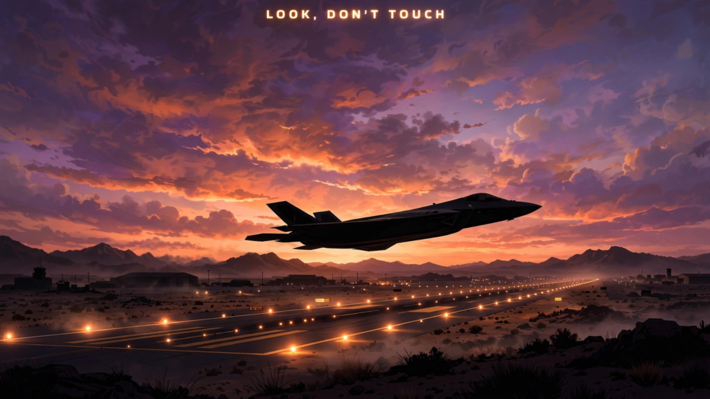AI artwork of a stealth fighter jet silhouette flying low over a desert runway at dusk, with the words LOOK, DON'T TOUCH
