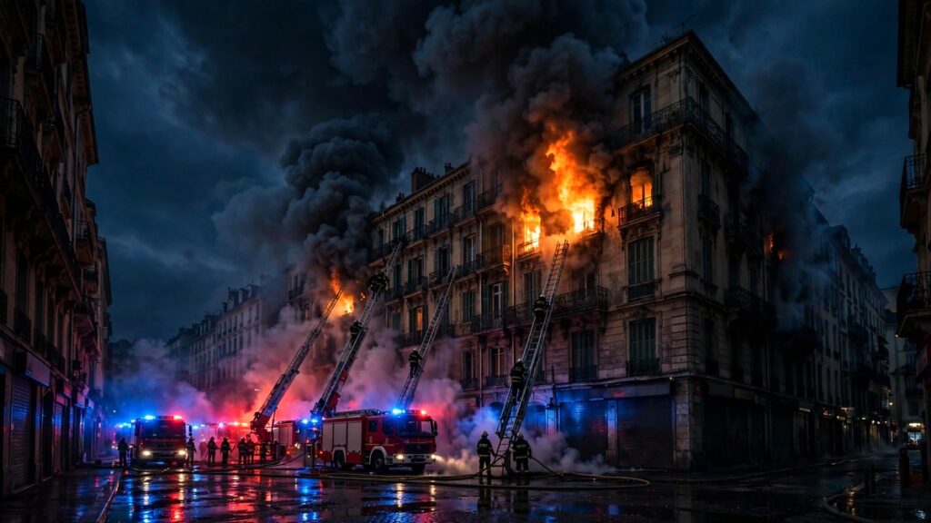 Apartment building fire at night with emergency lights — three Keralites killed in Bochum, Germany