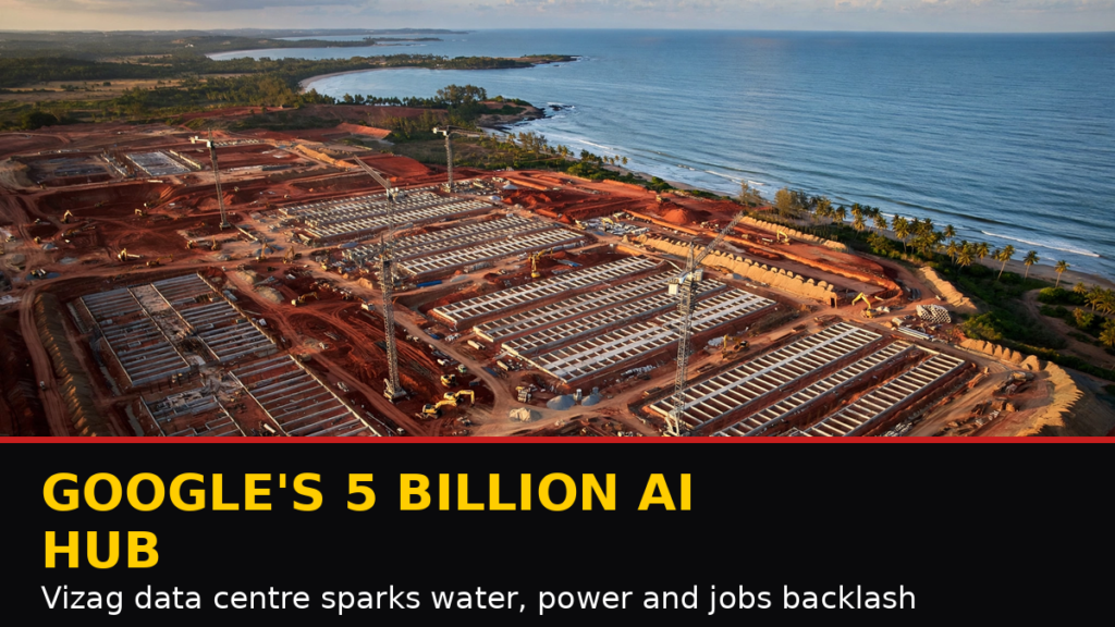 Aerial view of large construction site with cranes on India's southeast coast, sea in background