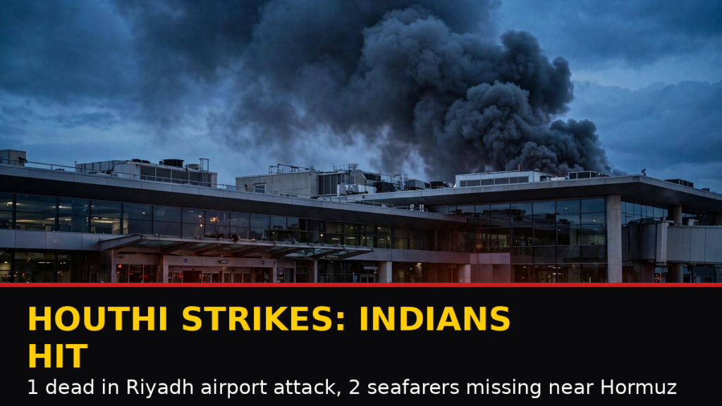 Modern airport terminal at dusk with smoke plume rising after Houthi attack, emergency lights flashing