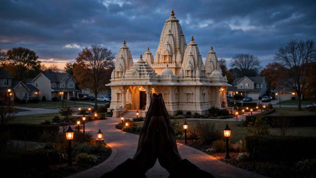 Illustration of a Hindu temple exterior at dusk in Illinois