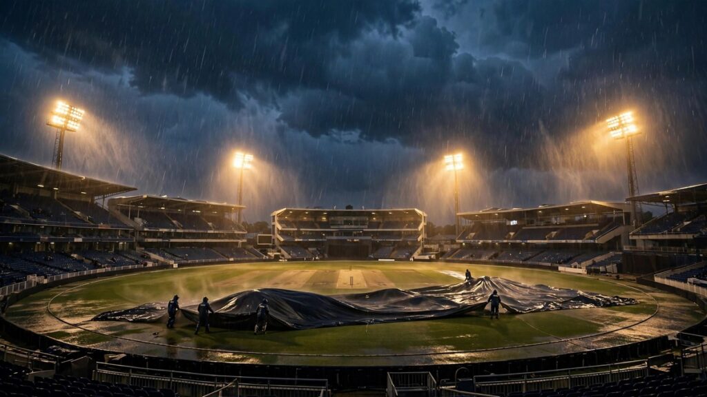 Floodlit cricket stadium in heavy rain with ground staff pulling covers over the pitch