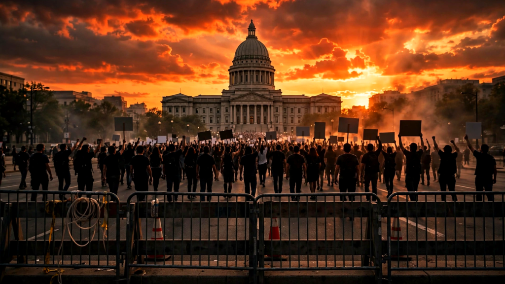 Silhouetted protesters with blank placards marching toward a domed courthouse at dusk, police barricade row in the foreground, warm orange-red sky