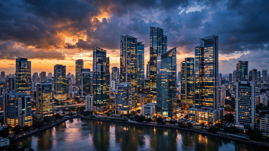Mumbai financial district skyline at dusk representing India GDP growth 2026 economic analysis