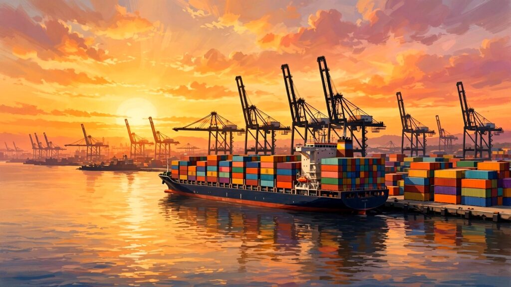 Container cargo ship at a sunset port — India-New Zealand FTA takes effect, 100% duty-free Indian exports