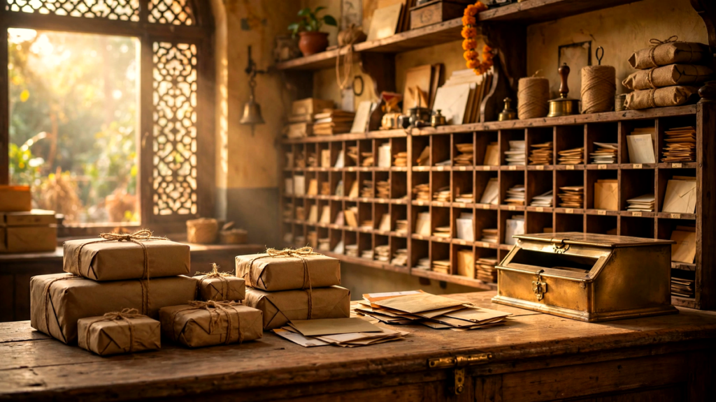 Warm interior of an Indian post office with parcels, envelopes and a brass letter-slot box on a wooden counter