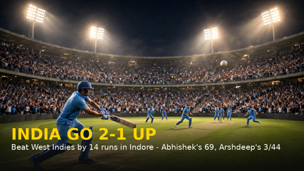 India vs West Indies 3rd T20I result at Holkar Stadium Indore — India beat WI by 14 runs; graphic banner