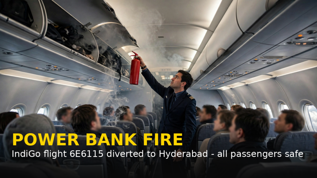 IndiGo aircraft diverted to Hyderabad after smoke from a passenger's power bank in the overhead compartment; graphic banner