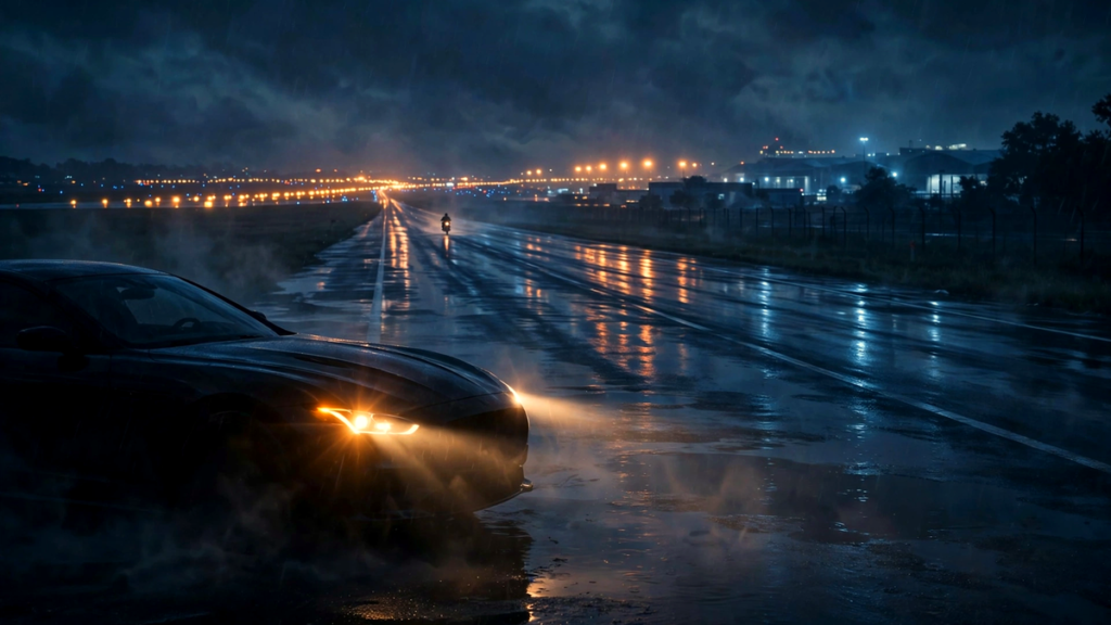 Empty dark highway near an airport at night with a luxury car silhouette and bright headlights in the foreground, a small two-wheeler far behind, wet road reflections