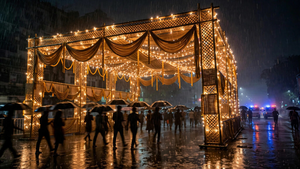 AI-generated illustration of a Durga Puja pandal in Kolkata at night in heavy rain
