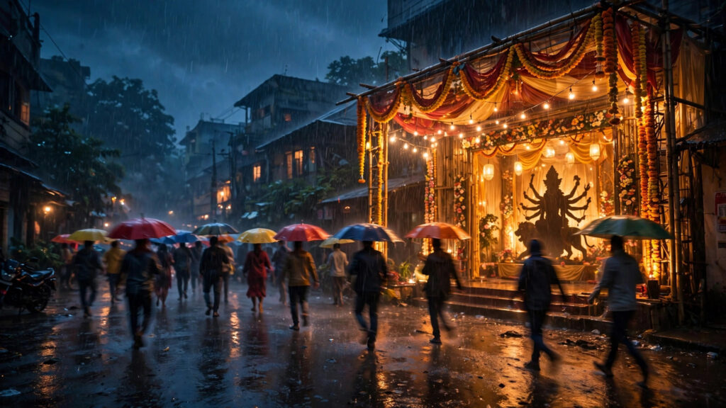 AI-generated illustration of devotees with umbrellas outside a glowing Durga Puja pandal in rain