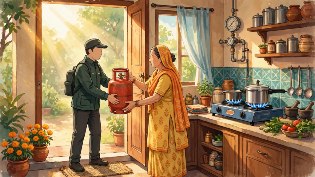 Illustration of a domestic LPG cylinder being delivered to an Indian home at sunrise