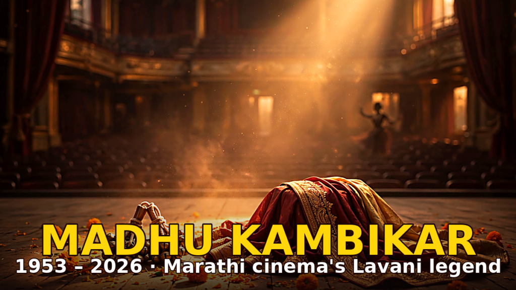 Tribute illustration for Madhu Kambikar — ghungroo bells and a maroon-gold sari on an empty theatre stage