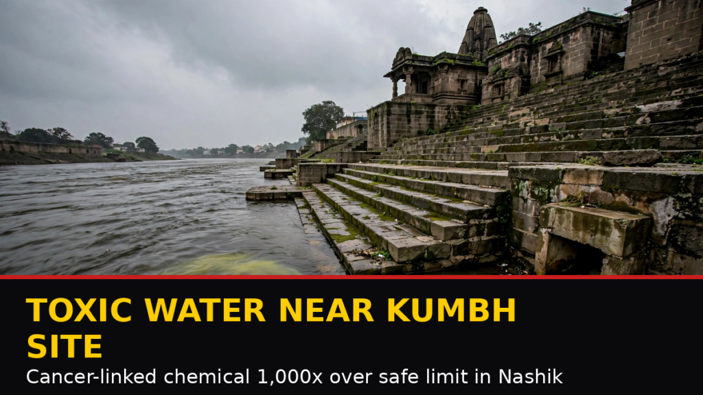 Godavari river at Nashik with yellow-tinted polluted water near a drain at old stone ghats