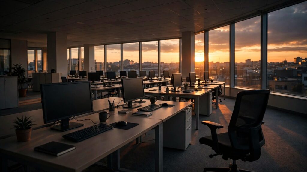 Empty office desks at dusk — Netflix cuts 1,000 jobs, 6% of workforce