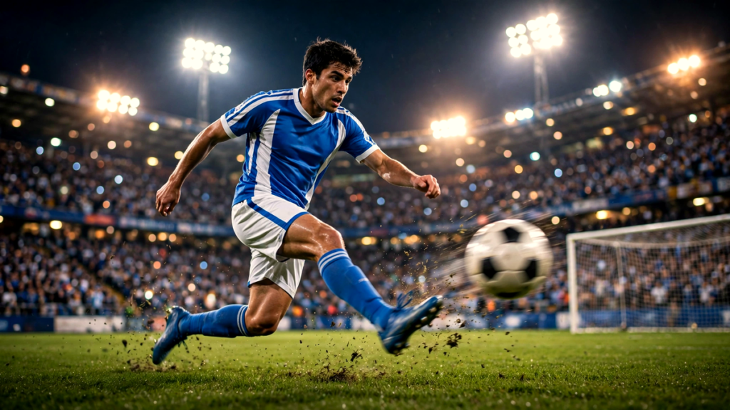 Football striker in blue and white kit striking a football toward goal in a packed night stadium