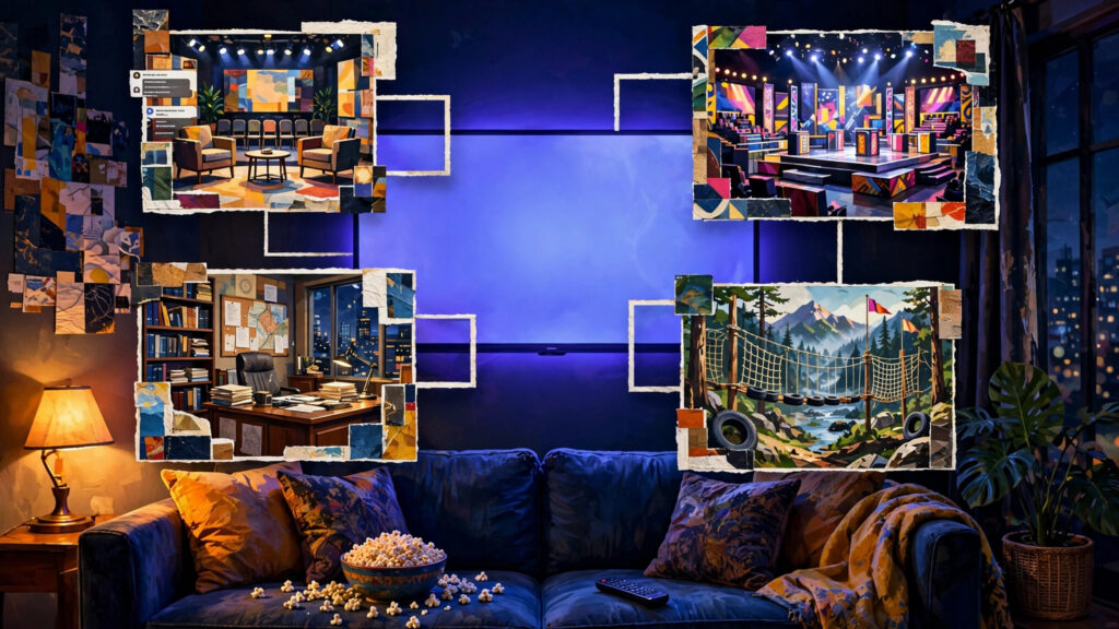 Collage-style living room scene with glowing TV and floating frames showing chat show, reality show and drama genres