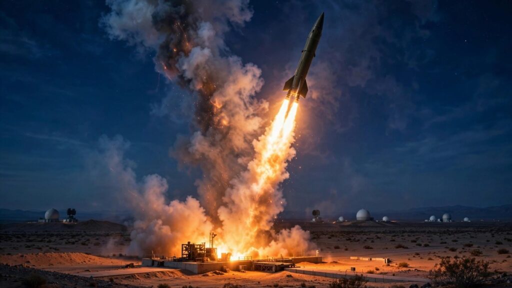 AI illustration of a missile rising over a desert launch range at night with a fiery trail