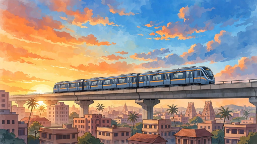 Illustration of a metro train crossing an elevated track over a city skyline at sunrise, for the PM Modi Chennai visit story