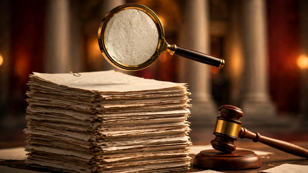 Stack of legal petition papers with a wooden gavel and a magnifying glass revealing fine print, courthouse columns blurred behind, warm amber tones