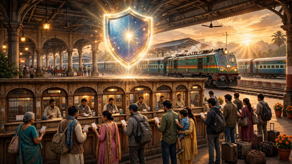 Illustration of an Indian railway station ticket counter with passengers, a train at sunset and a glowing insurance shield