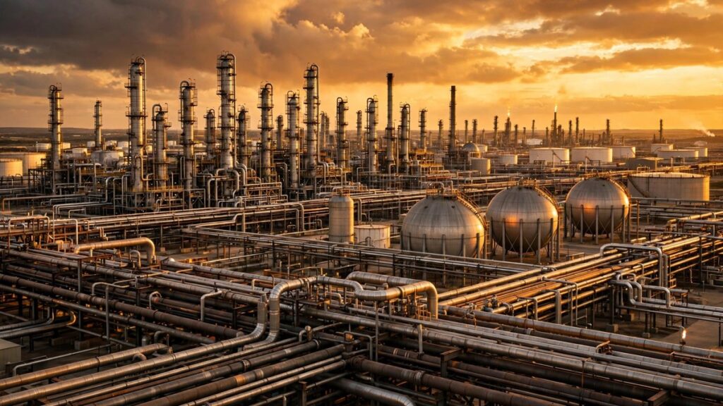 AI illustration of a giant oil refinery complex at golden hour with towering distillation columns