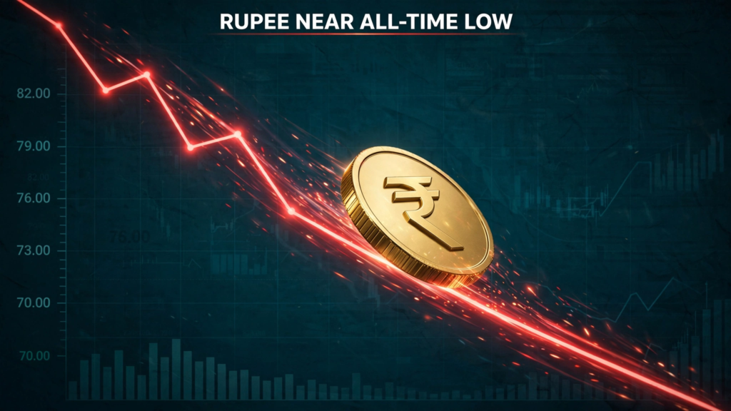 AI artwork of a gold Indian rupee coin sliding down a falling red chart line, with the words RUPEE NEAR ALL-TIME LOW