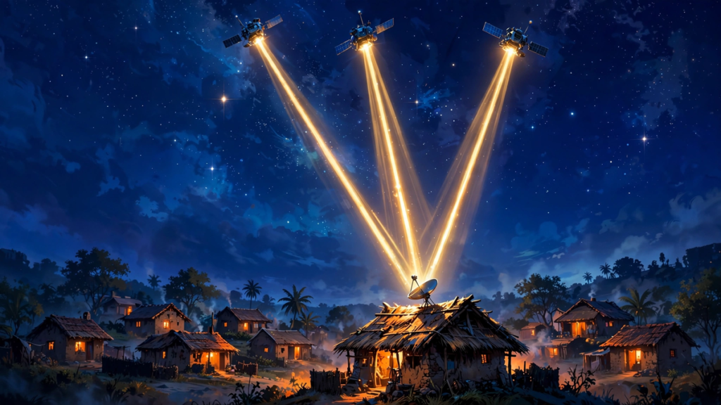 Satellite internet in India explained: low-flying satellites beaming internet down to an Indian village at night