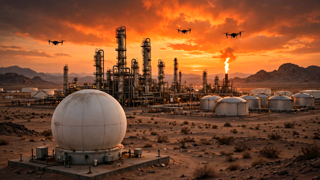AI illustration of a desert oil refinery at dusk with drones in the sky, symbolizing Houthi attacks on Saudi Arabia