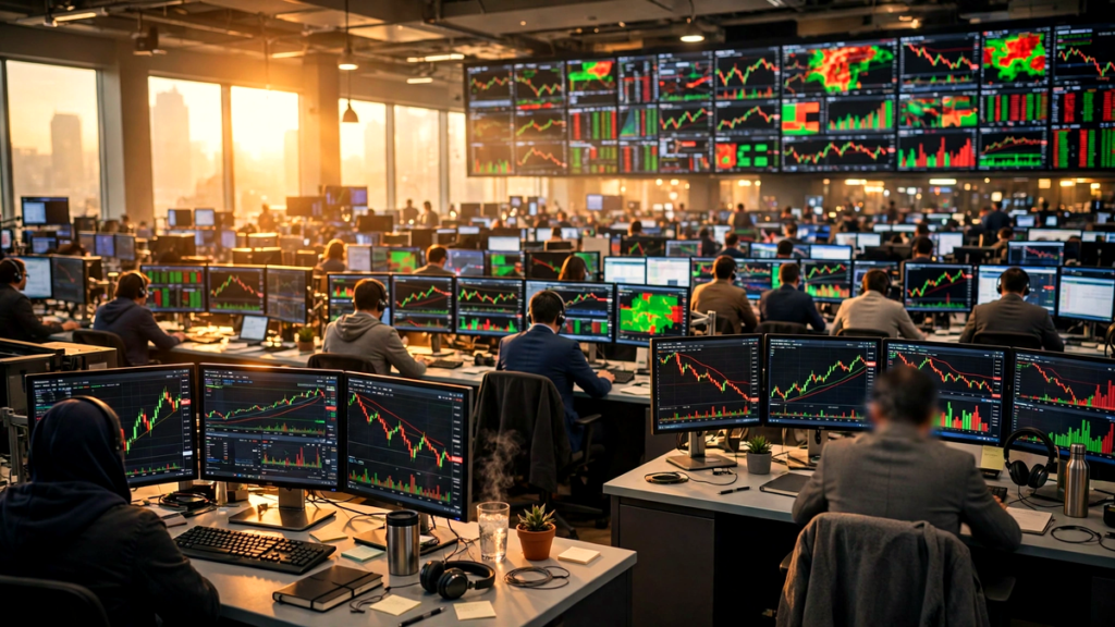 Stock market trading floor with rows of traders at multi-monitor desks showing green and red market charts