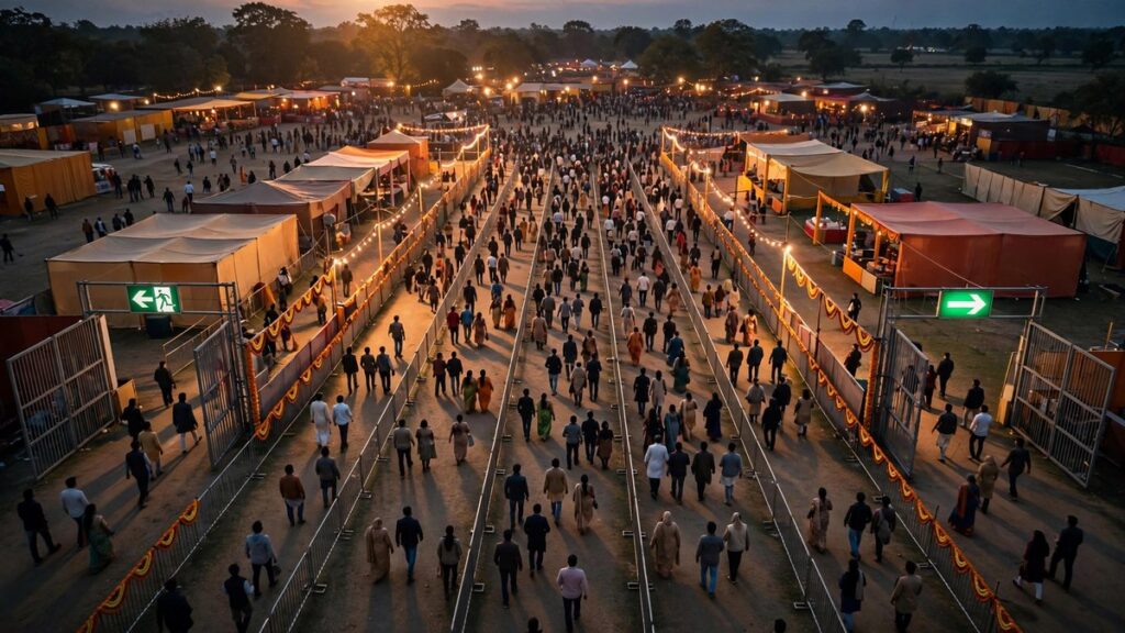 Festival ground crowd with green exit arrows and open gates at the edges