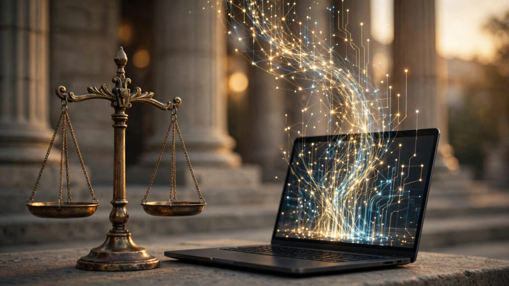 Illustration of scales of justice and a laptop representing the Supreme Court internet-access ruling