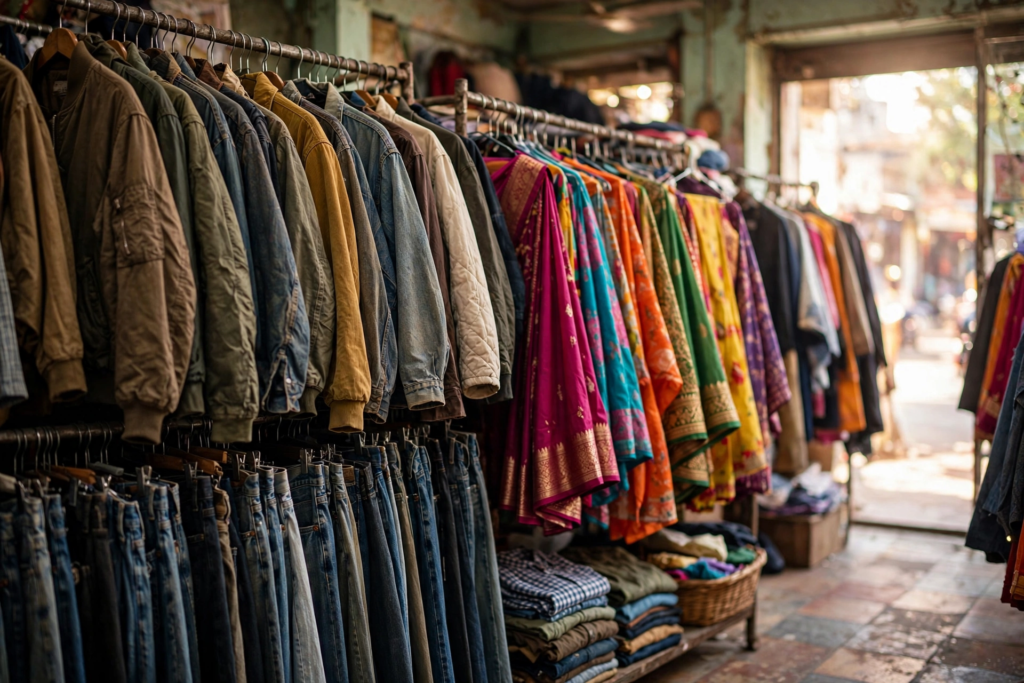 Thrifting in India: racks of second-hand clothes at a thrift store
