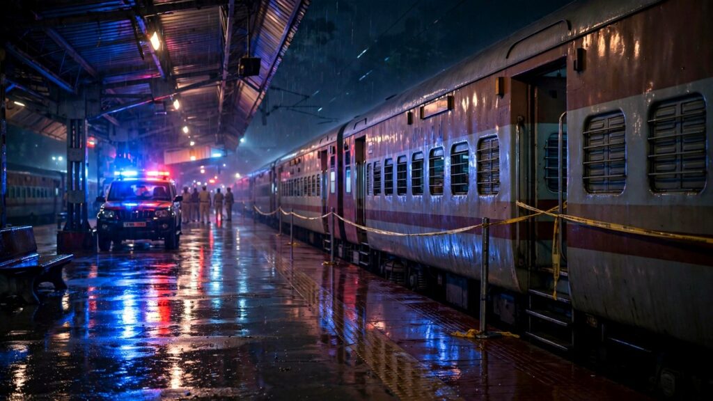 Night scene at Kota railway station: police officers cordoning a train coach under flashing lights after the arrest of the Tiger Shroff firing accused