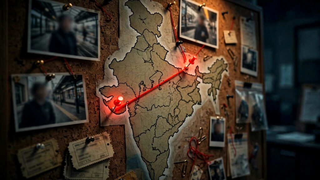 Detective investigation board with India route map from Mumbai to Kota, thematic artwork for the Tiger Shroff shooters trail explainer