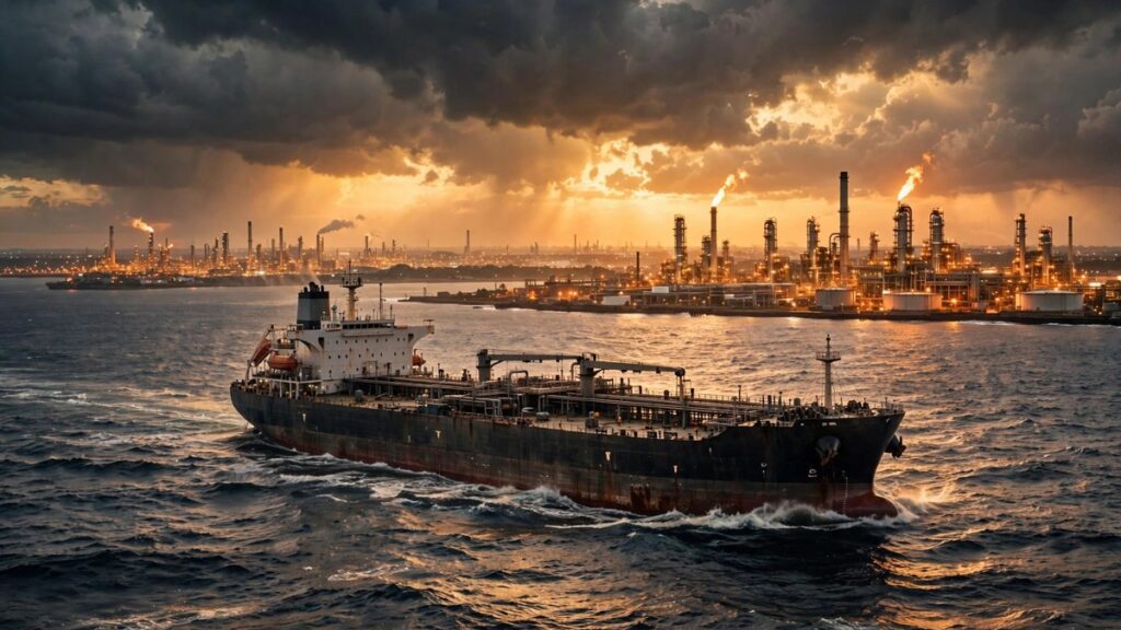 AI illustration of a large oil tanker at dusk with refinery towers, symbolising global Russian diesel trade