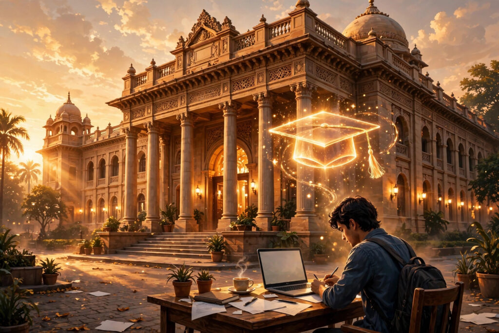 Illustration of an Indian bank building at golden hour with a graduate filling a job application at a desk