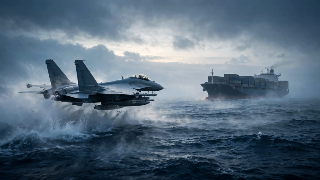 AI illustration of a fighter jet flying low over the sea toward a cargo ship, symbolizing the US strike in the Gulf of Oman