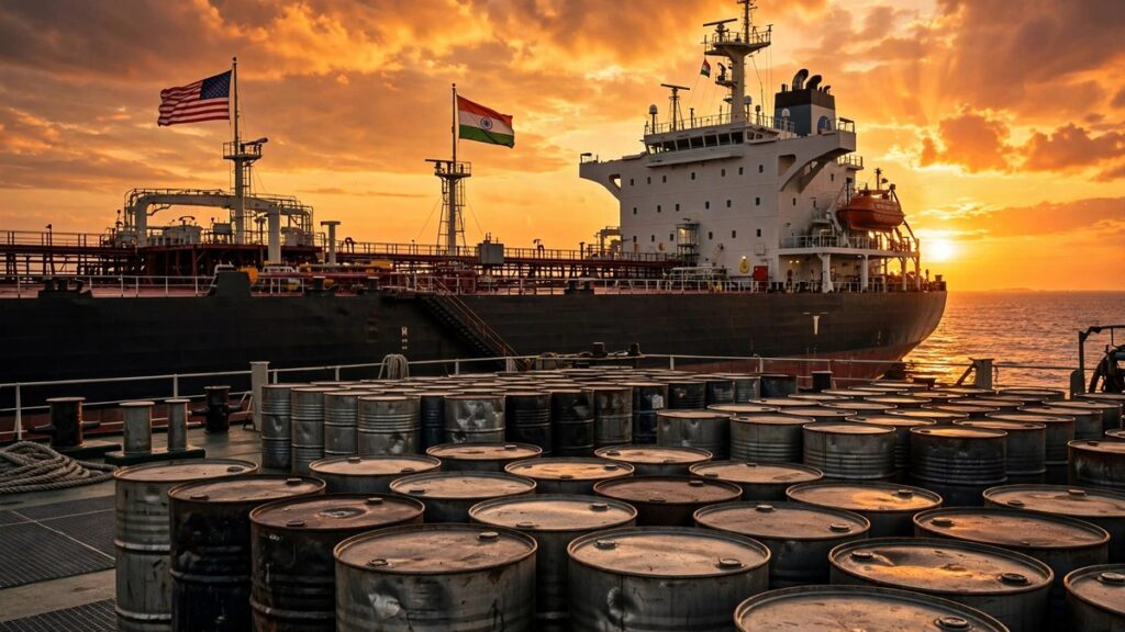 Oil tanker at sunset with American and Indian flags, steel oil barrels in foreground