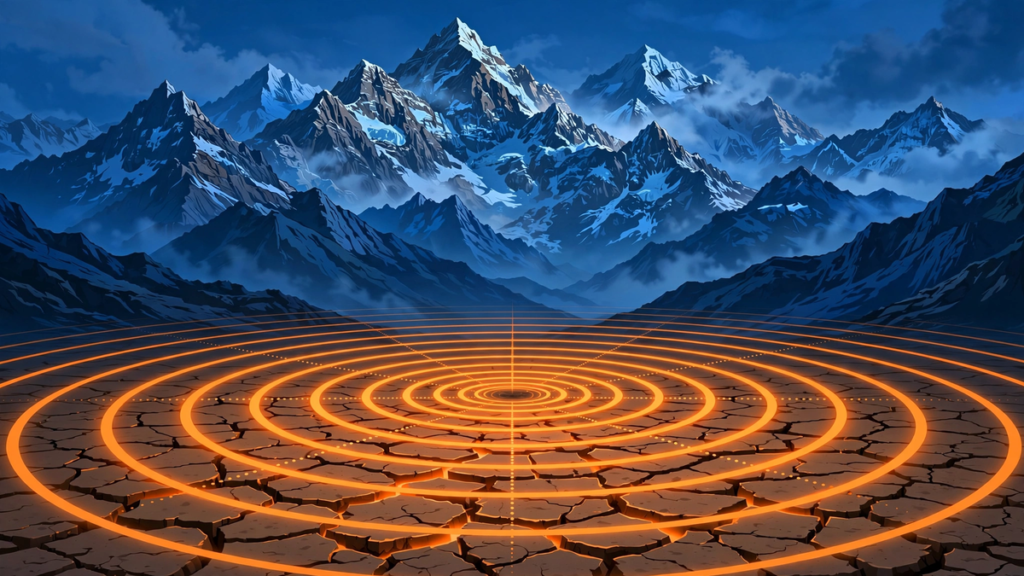 Illustration of Himalayan peaks with earthquake shockwave rings and cracked ground, for the Uttarkashi earthquake story