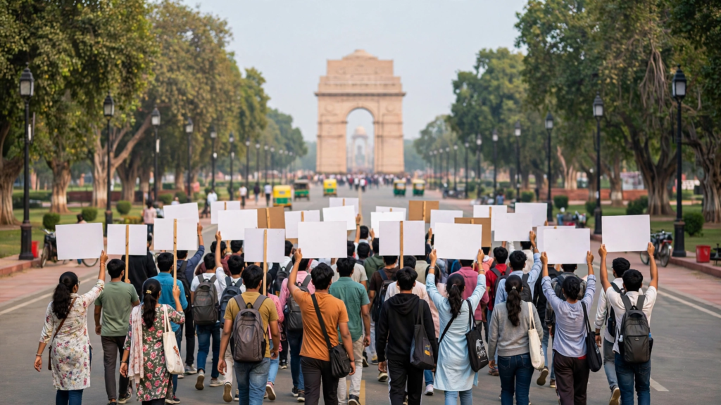Young protesters in New Delhi march against the Election Commission's voter roll revision exercise